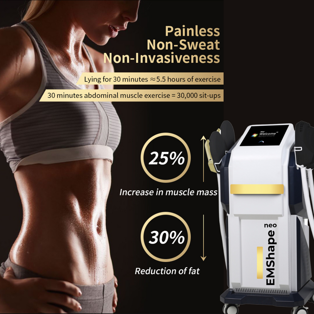 EMShape Neo Machine, Woman with sculpted abdominals, 30 percent fat reduction, 25 percent muscle increase