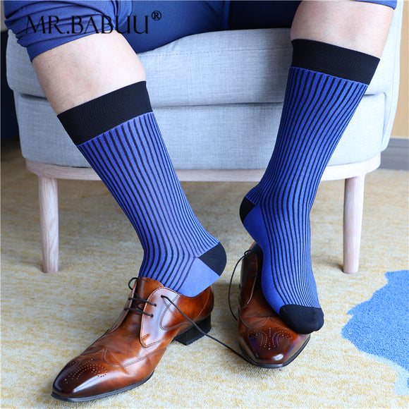 3Pairs Pack Men's Blue Black Striped Spandex Cotton Mid Calf Dress Sui ...