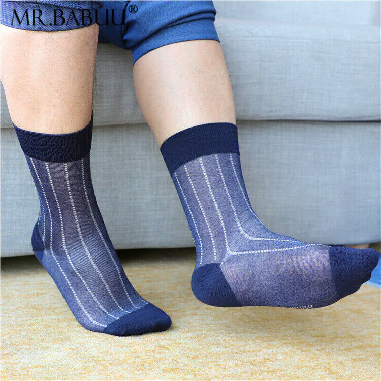 2Pairs Pack Mens wide striped thin cotton sheer fashion dress socks 00 ...