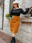 Plus Size Front Slit Button Fly Skirt with Pockets