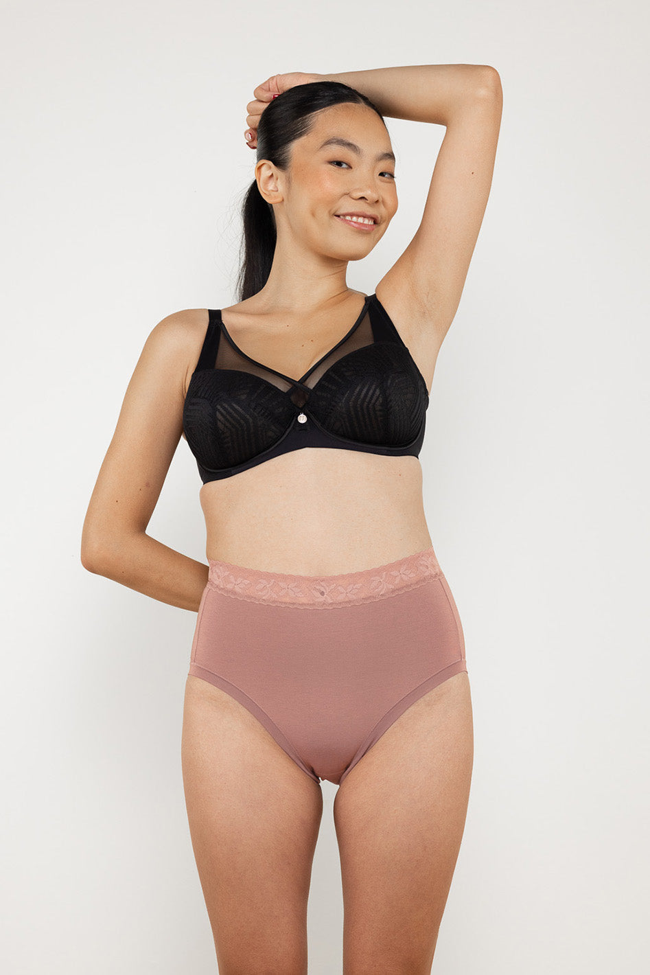 Understance Whisper Lace Cotton-Modal High-Rise Brief @Amy wears XS in Amber - #color_amber