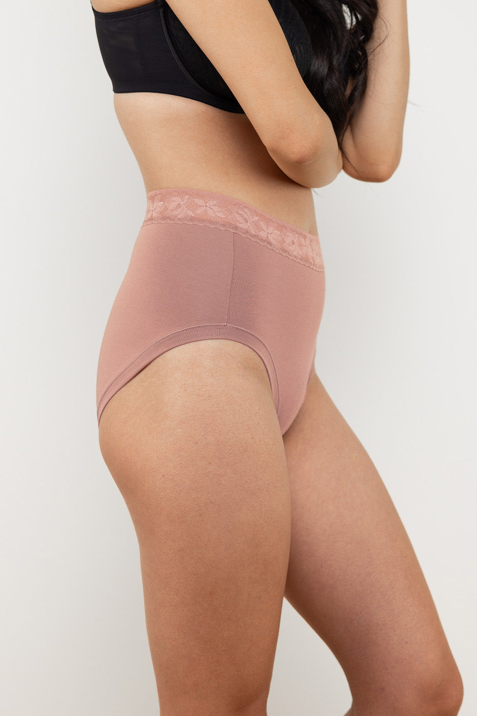 Understance Whisper Lace Cotton-Modal High-Rise Brief @Amy wears XS in Amber - #color_amber