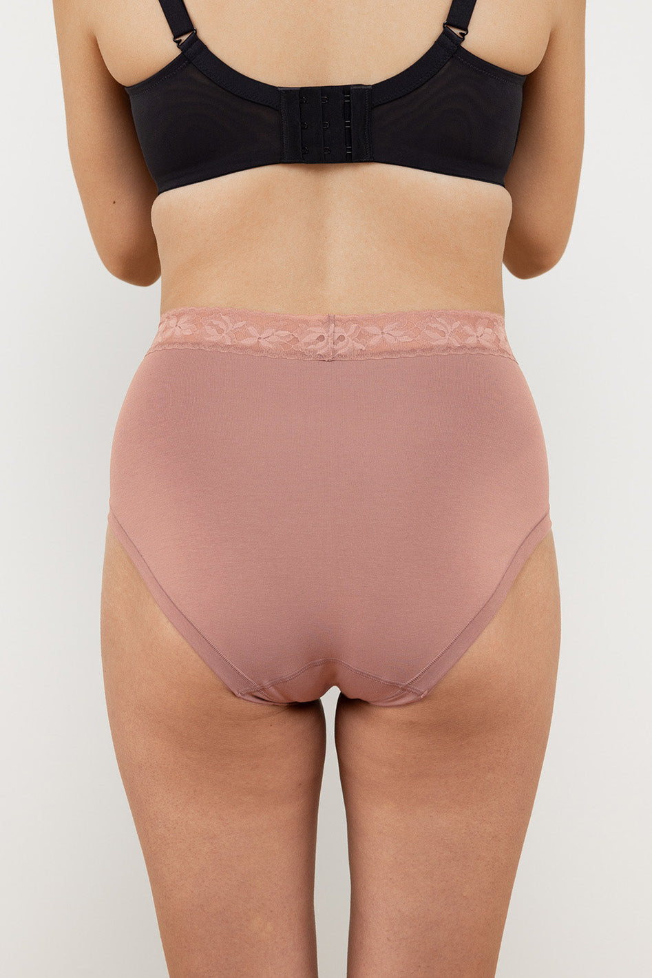 Understance Whisper Lace Cotton-Modal High-Rise Brief @Amy wears XS in Amber - #color_amber