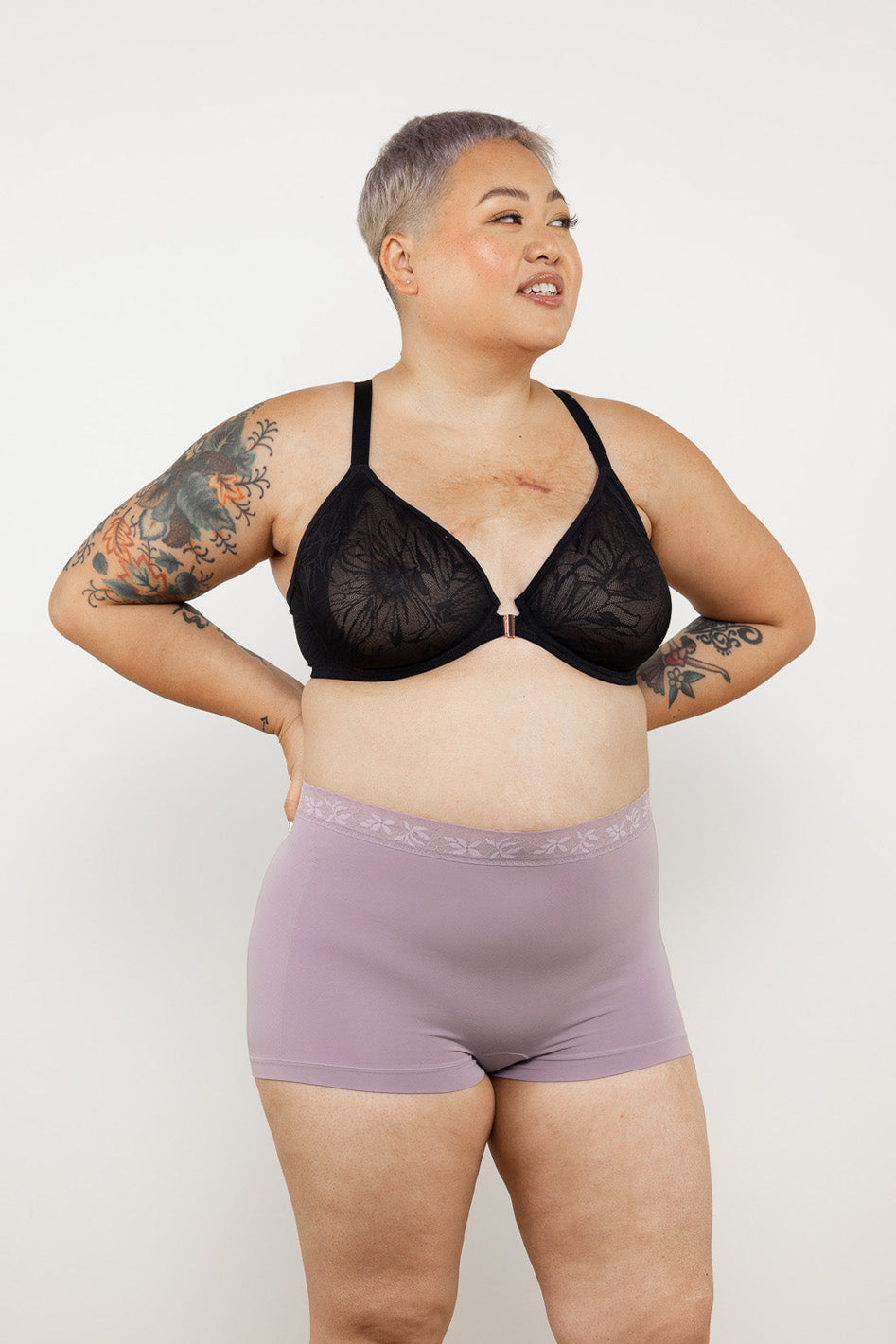 Understance Whisper Lace Cotton-Modal High-Rise Boyshorts @Christi wears L in Elderberry - #color_elderberry