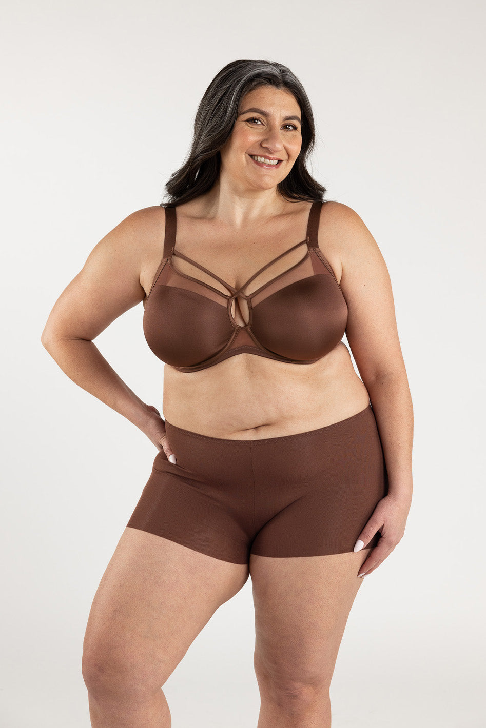 Understance Peek-Proof FlexWire Contour Demi Bra @Christina wears Mocha in 36H - Underbust: 36", Leaning Bust: 44.5", Standing Bust: 43.5" #color_mocha