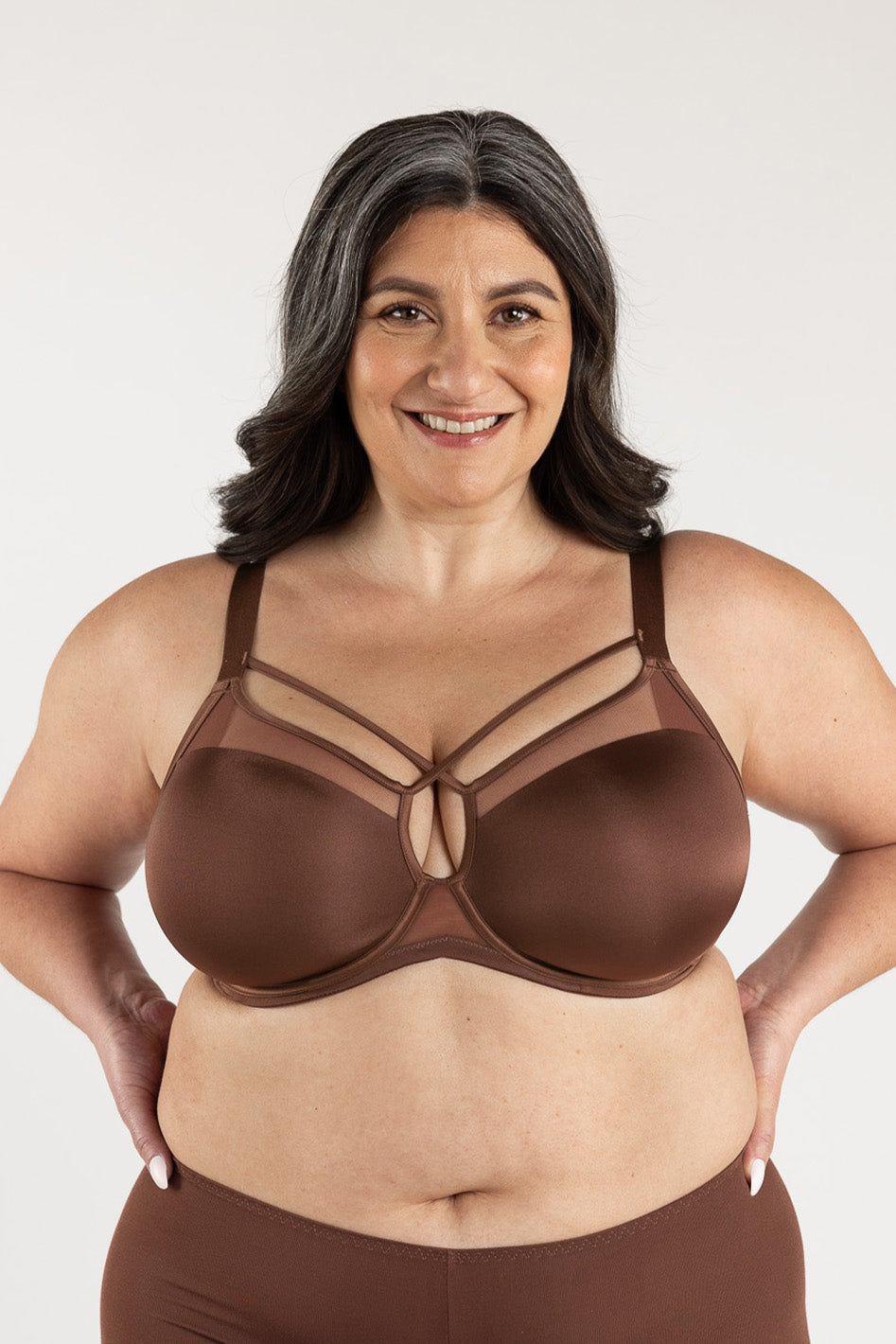 Understance Peek-Proof FlexWire Contour Demi Bra @Christina wears Mocha in 36H - Underbust: 36", Leaning Bust: 44.5", Standing Bust: 43.5" #color_mocha