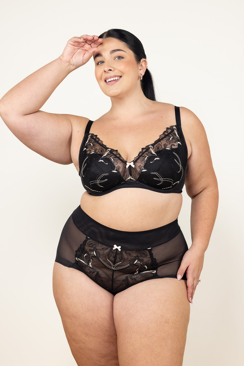 Understance Chloe UniWire Lightly Padded Demi Bra @Kennedy wears Black in 42C - Underbust: 40", Leaning Bust: 46", Standing Bust: 45" #color_black