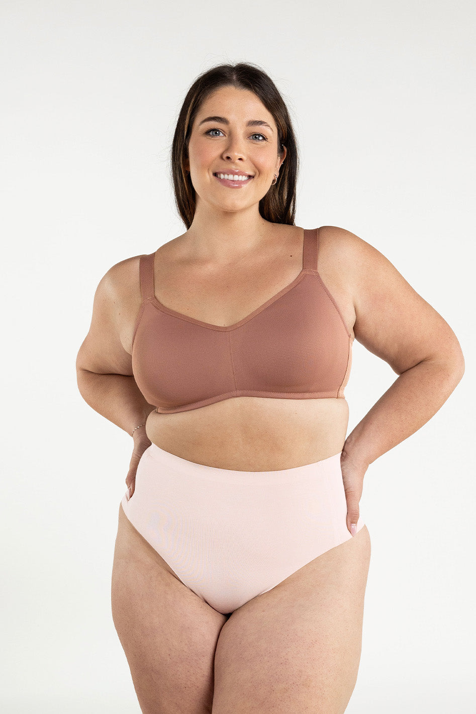 Understance Cooling Wireless Unpadded Demi Bra @Kennedy wears Red Clay in 36DD- Underbust: 37", Leaning Bust: 42", Standing Bust: 42.5” #color_red-clay