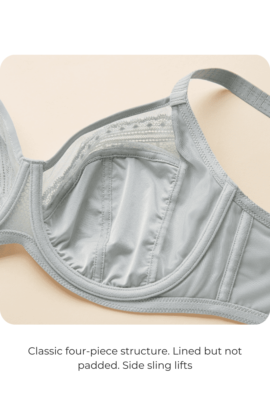 Gray satin padded underwire bra with black lace on half cup - La Amara