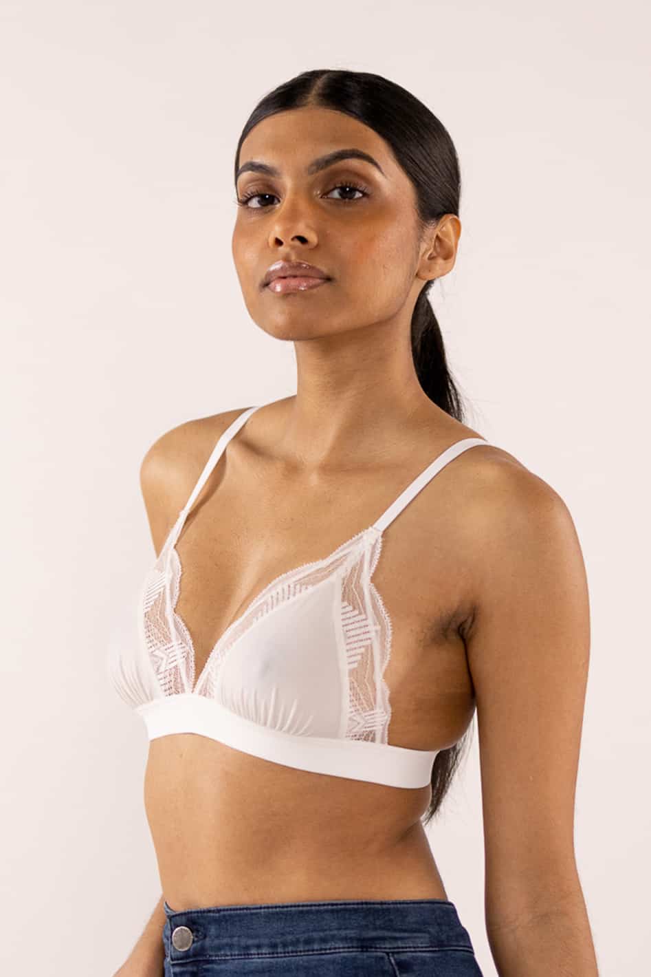 Mila Triangle Bralette @Angela wears White in S- #color_cream