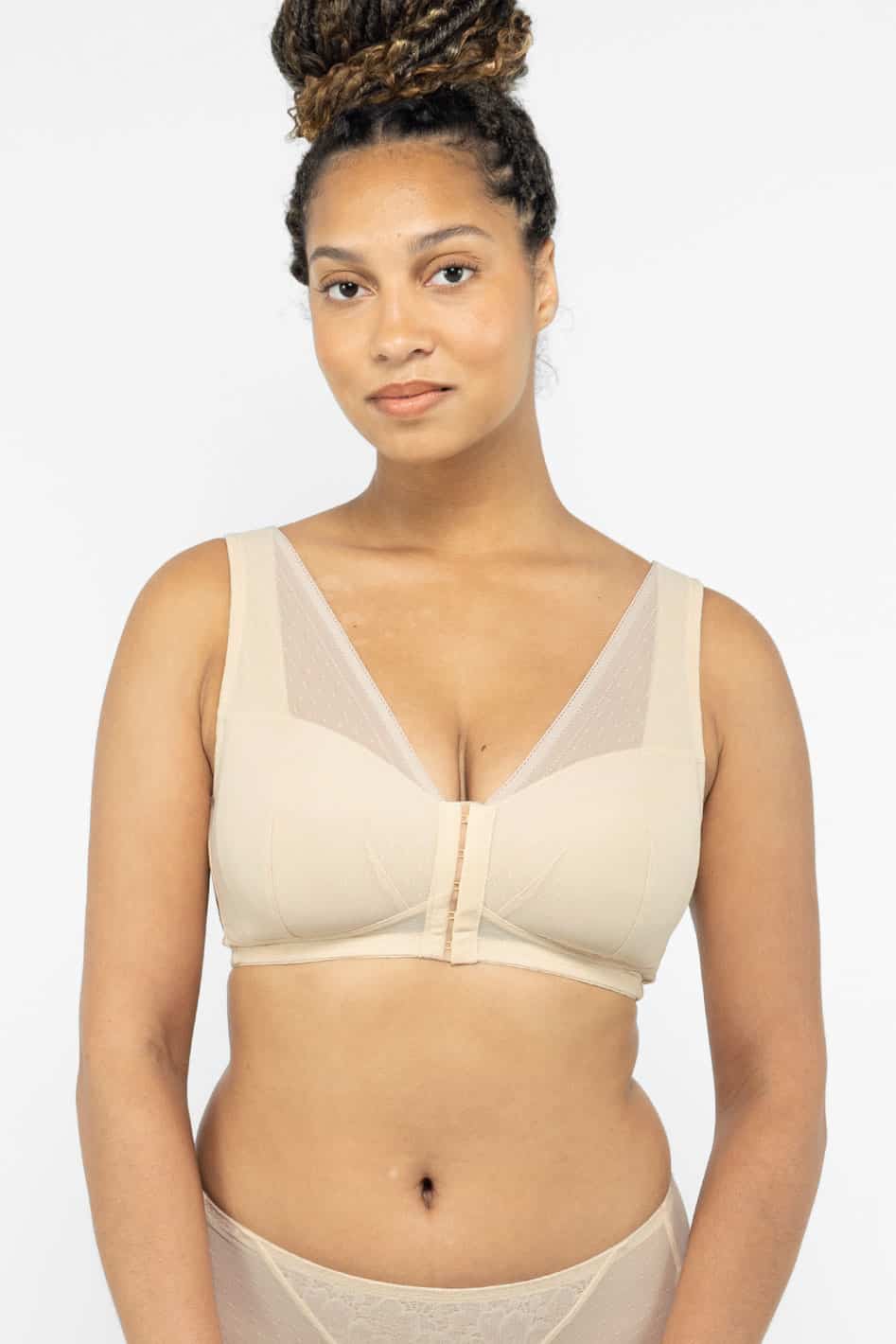 Noelle Front-Close Wireless Soft Cup Bra @Alex wears Sand in 34D/DD- #color_sand