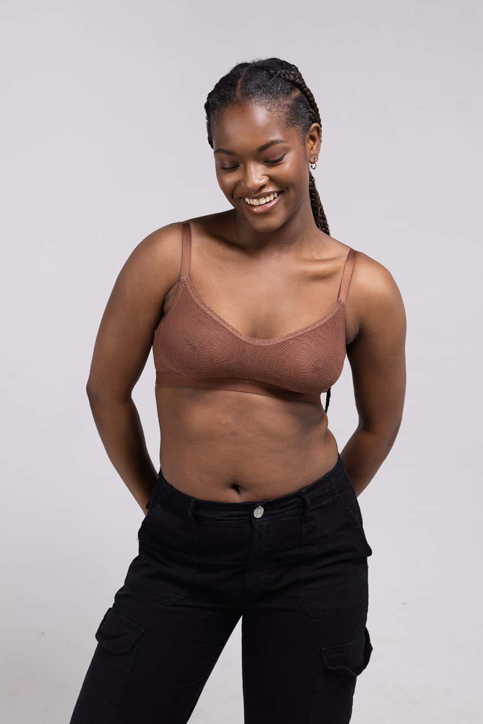 Cate Wireless Soft Cup Bra @Fay wears Mocha in 34B/C- #color_mocha