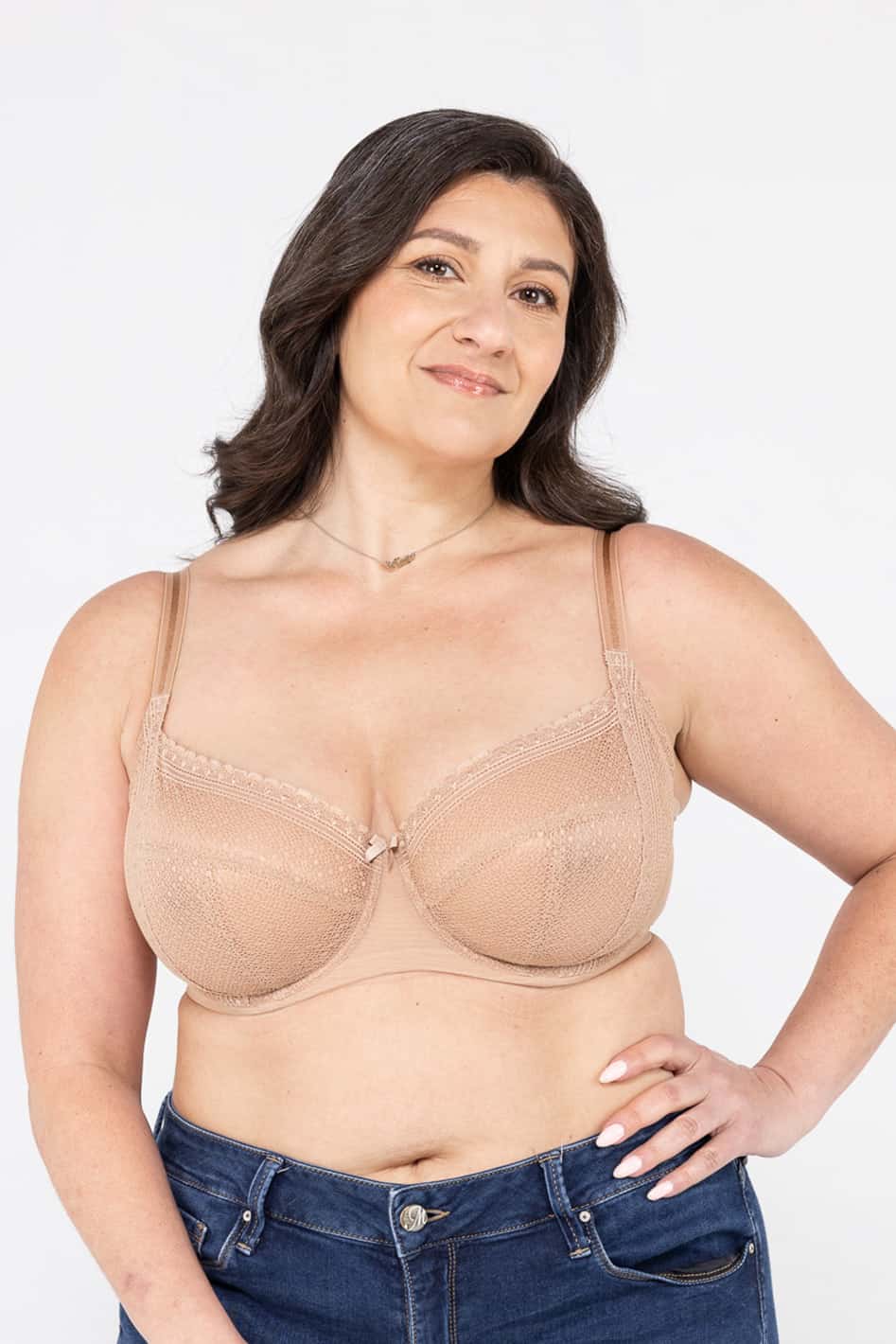 Understance Sierra FlexWire Balconette Lace Bra @Christina wears Cafe au Lait in 36DDD - #color_cafe-au-lait