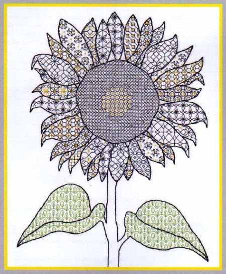 Bothy Threads - Blackwork - Sunflower. This kit contains: 14 count white Zweigart Aida, stranded cottons and metallic threads, gold beads, needles, stitch diagram and instructions.  Finished size 28 by 32cm. This kit uses full cross stitches and back stitch.