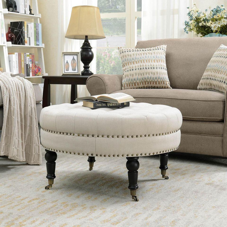 Beige Tufted Ottoman Round Room Indoor Home Decor Seating Coffee Table Sophisticatedhomegoods