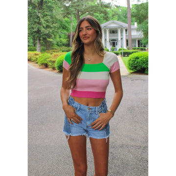 Chandler Crop Sweater Top, Hot Pink/Neon Green