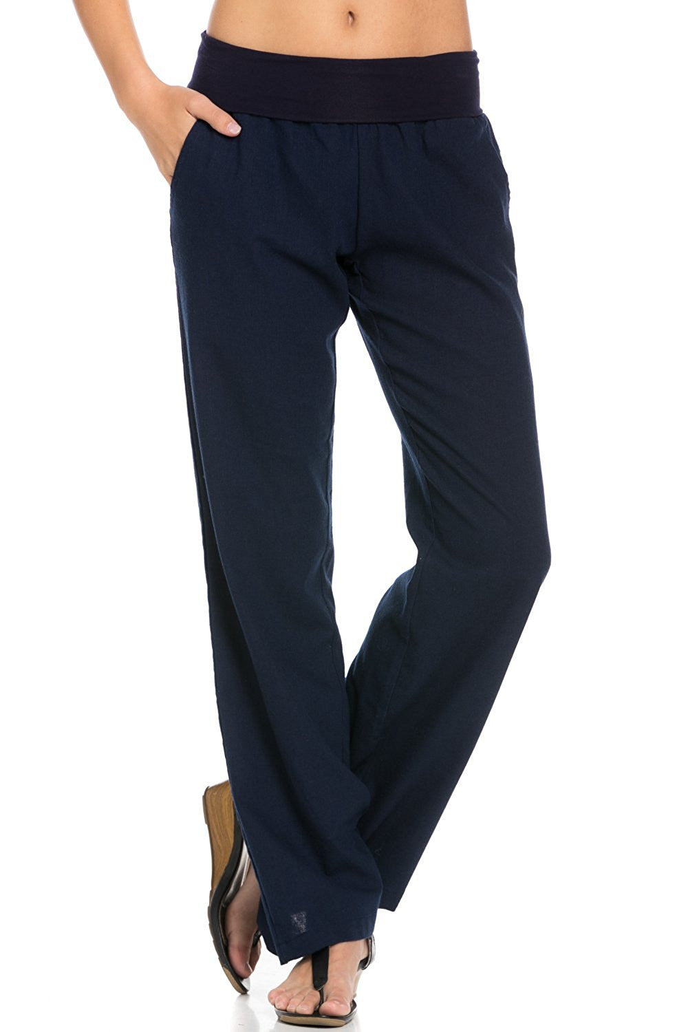 Poplooks Women's Comfy Fold Over Linen Pants (Navy)