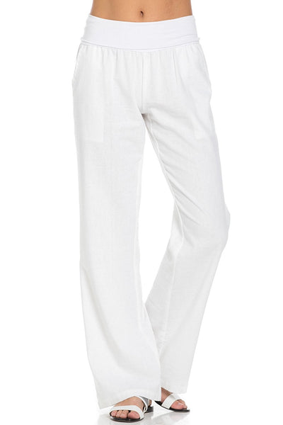Poplooks Women's Comfy Fold Over Linen Pants (White)