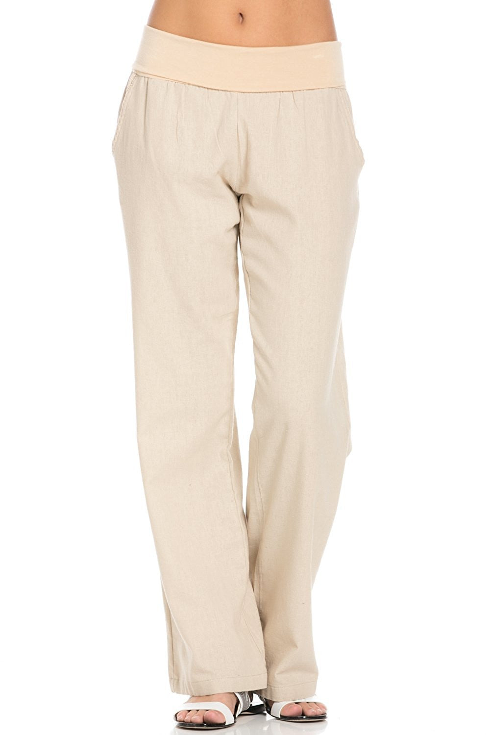 Poplooks Women's Comfy Fold Over Linen Pants (Natural)