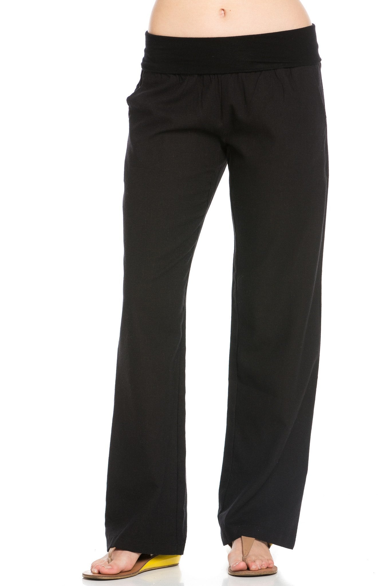 Poplooks Women's Comfy Fold Over Linen Pants (Black)