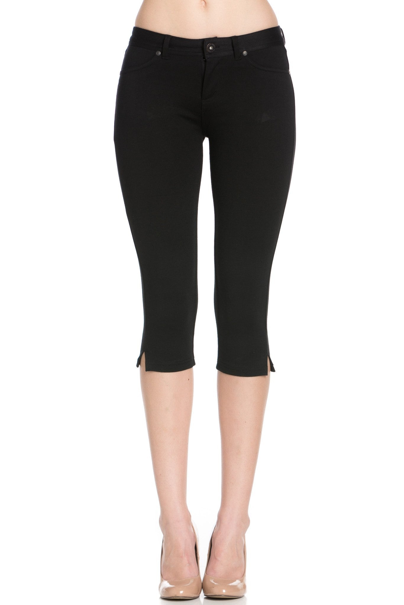 Poplooks Women's 4 Way Stretchy Ponte Knit Capri Skinny Jeans (Black)