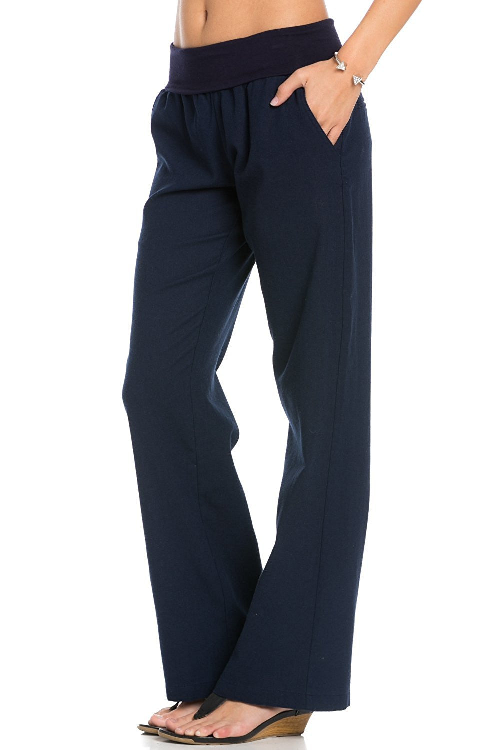 Poplooks Women's Comfy Fold Over Linen Pants (Navy)
