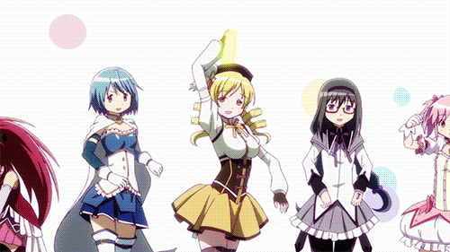 alll the girls from madoka magica getting ready for battle