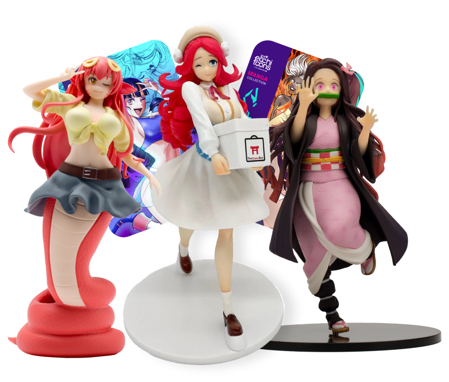 Liz holding and Anime box between Rias and Albedo figure