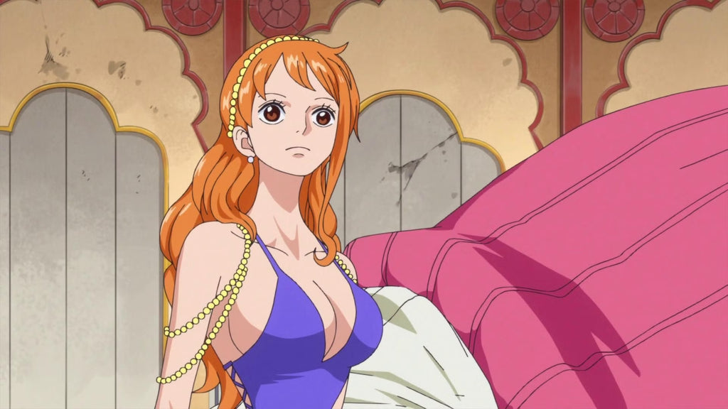 Nami is standing and staring at something while in a purple dress