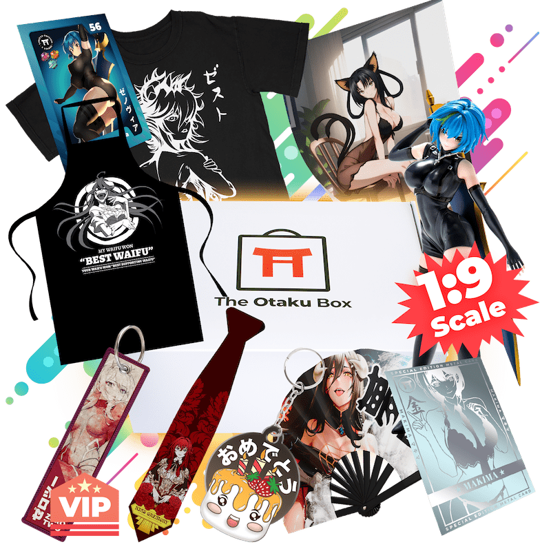 Anime crate with figures, t-shirt and other anime items around the crate