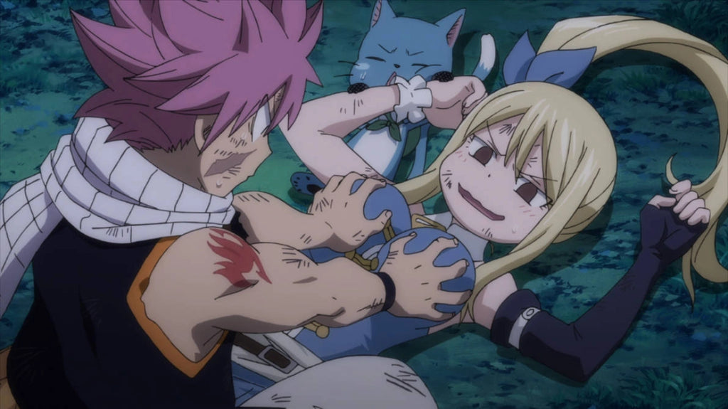 Natsu with his hands on Lucy's chest