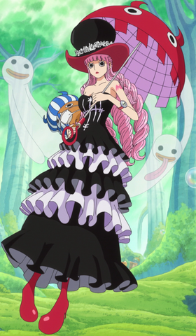 Perona floating mid-air while holding her umbrella