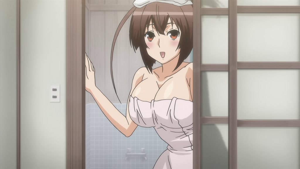 Musubi enters a door with only a towel covering her body.