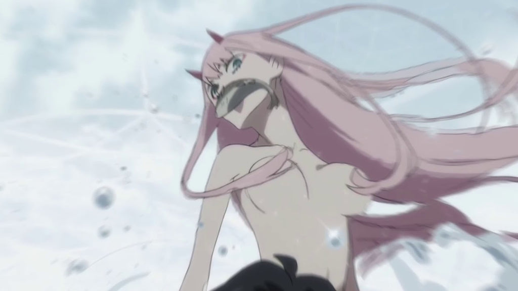 Zero darling in the Franxx jumping out of the lake with a fish in her mouth