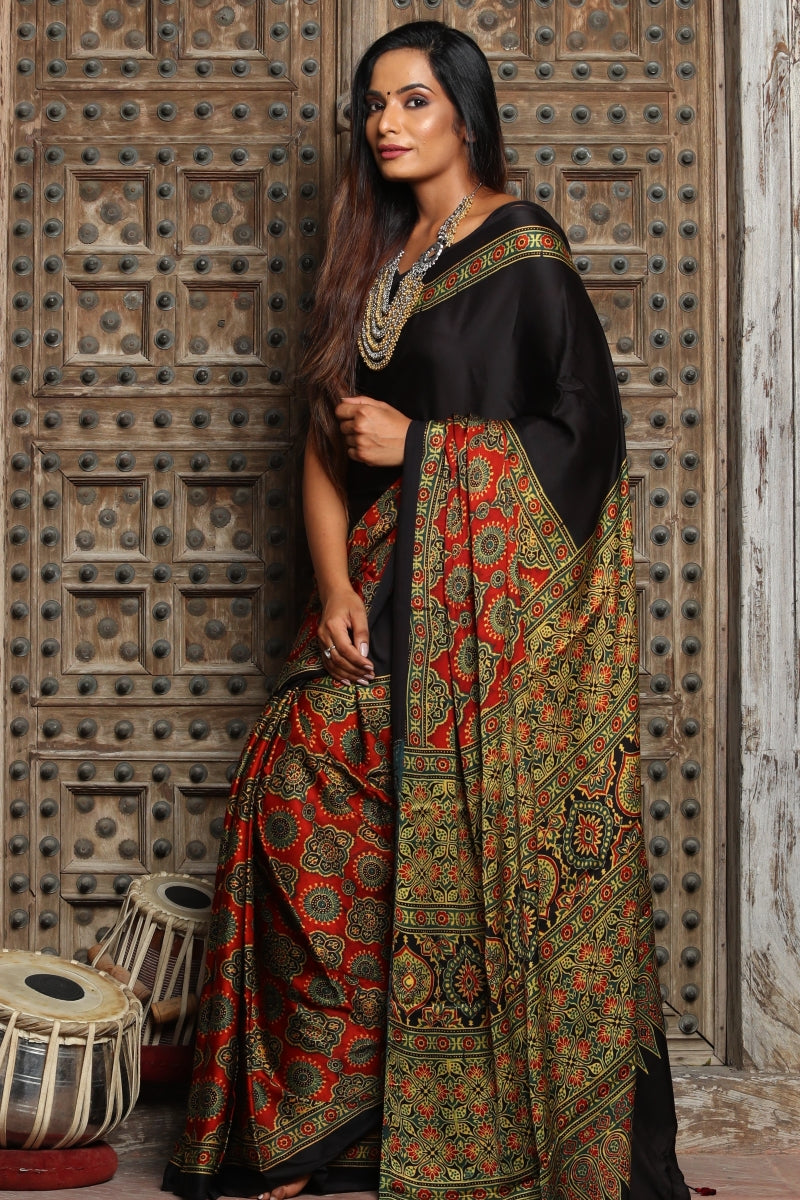 Buy Black String Ajrakh Modal Silk Saree Online - House Of Elegance – House  Of Elegance - Style That Inspires