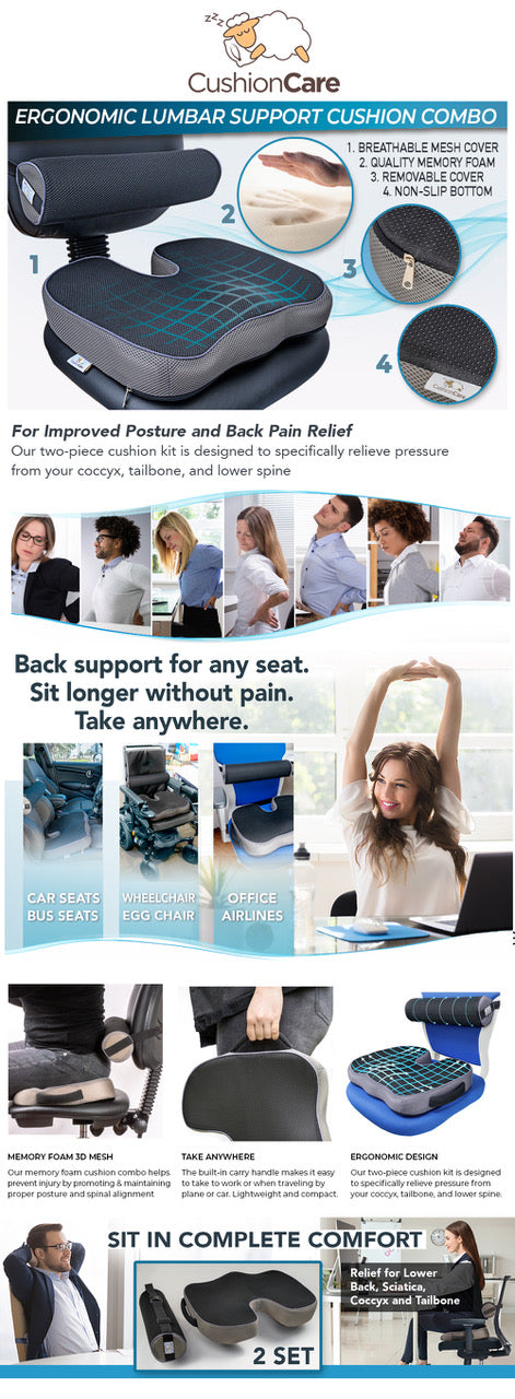 2pc Ergonomic Seat Cushion Lumbar Roll Combo for Chair - Pain and Pressure  Relief for Lower Back