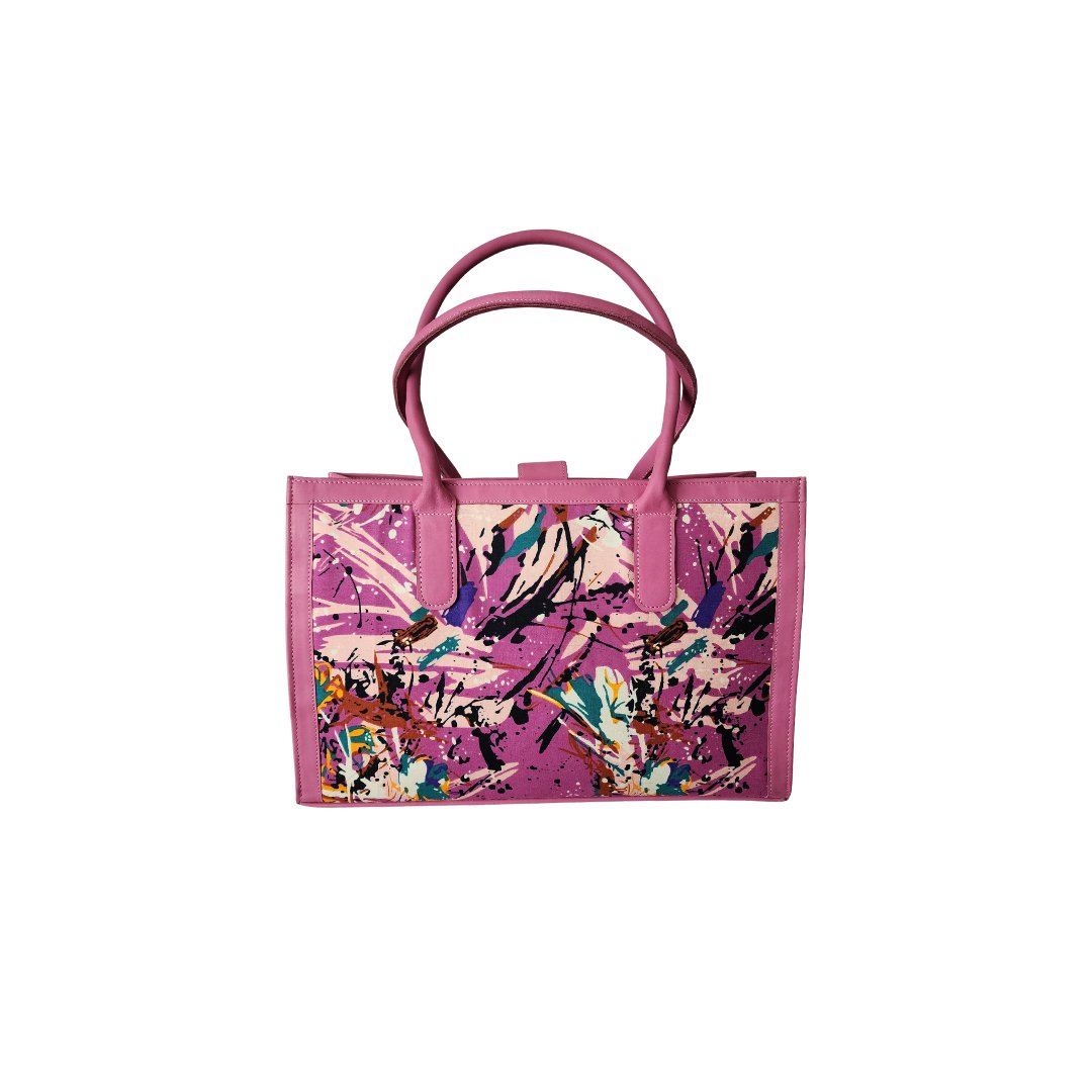 Petite pink bag with colorful patterned fabric designed by Mofa
