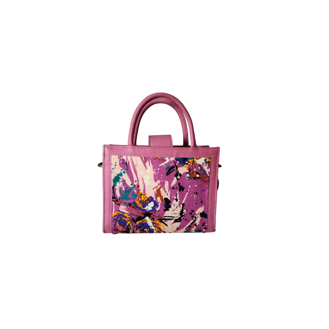 Petite pink bag with colorful patterned fabric designed by Mofa Barcelona