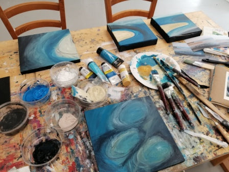 Image of paintings in progress by Sharon McSwiney in St Ives