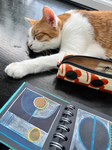 ginger and white kitten cat called Treacle with a sketchbook and pencil case