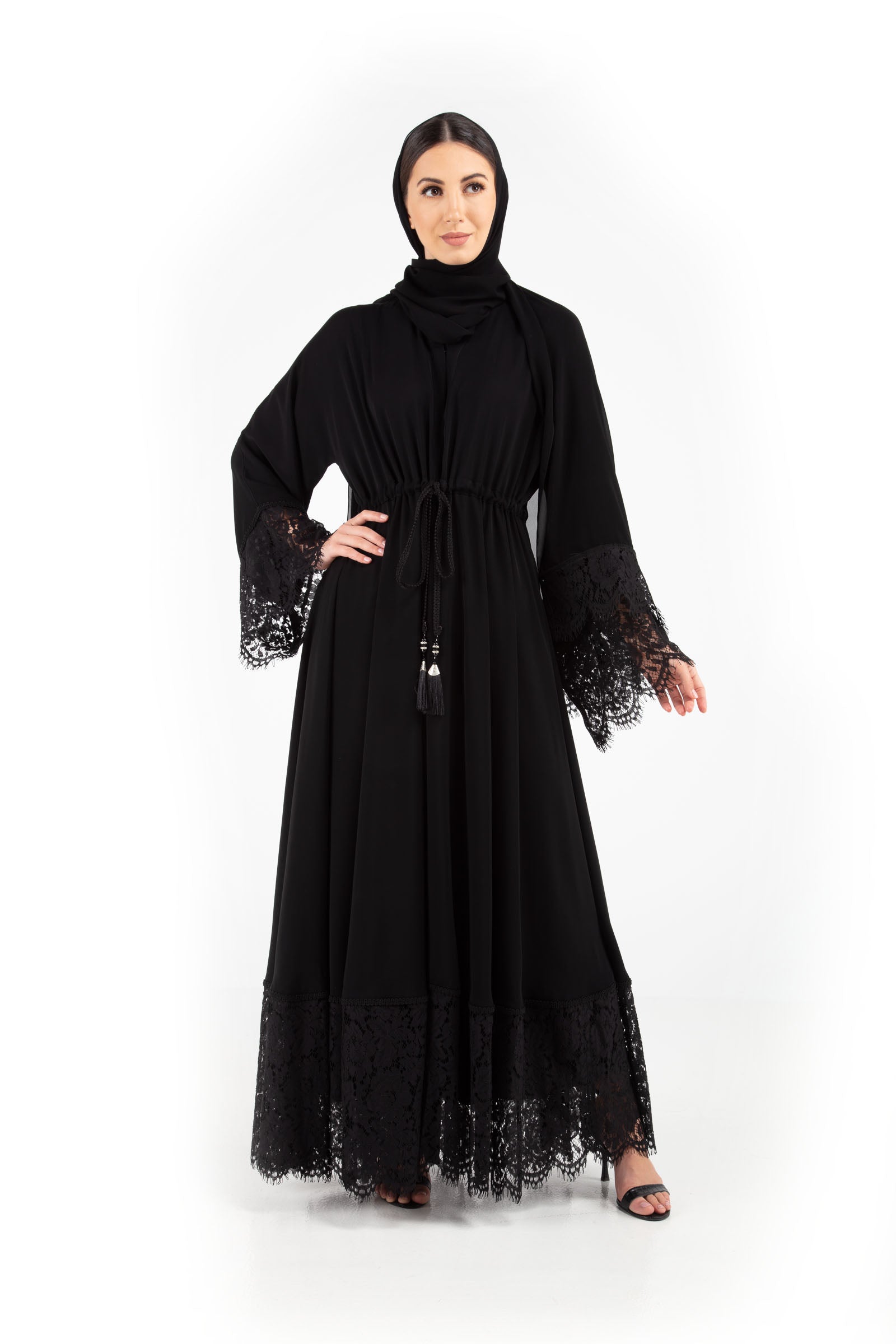 Buy this black Belted Abaya With Lace Dentelle | Hanayen Luxury Abaya ...