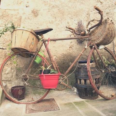 Vélo rouillé avec pots de fleurs accrochés