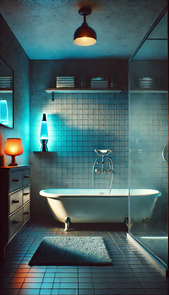 Lampe à lave éclairée dans une ambiance tamisée, idéale pour créer un coin détente style spa