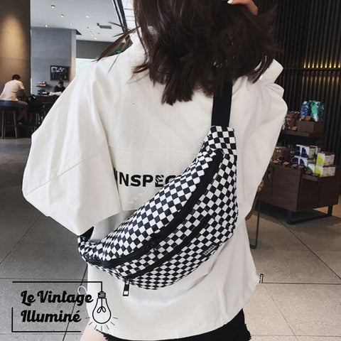 Sac à dos à damier noir et blanc en toile canva