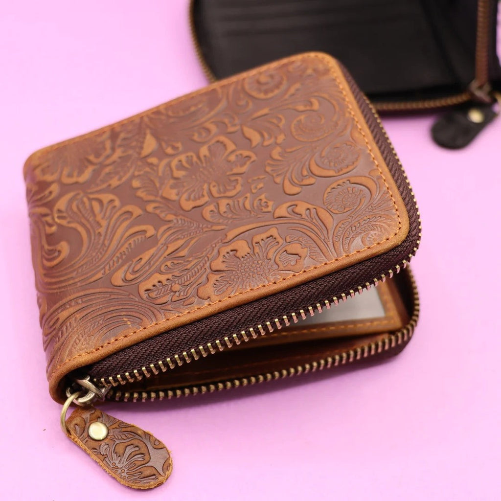 Flower Zipper Leather Wallet