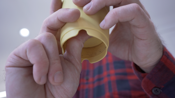 Hand popping rootball out of BudCups with a red striped shirt behind