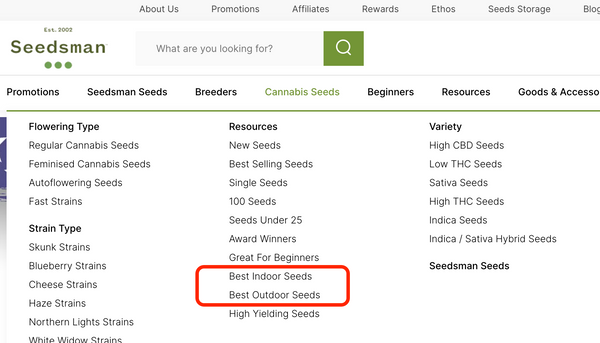 Screenshot of a seedbank's website showing the indoor and outdoor strains sections circled in red