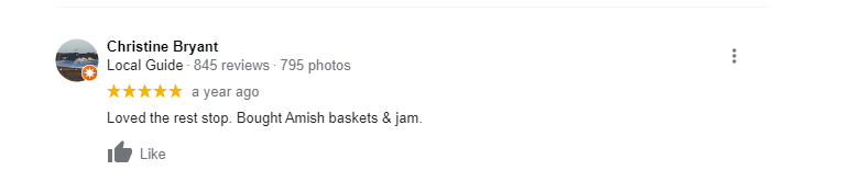 Google review of Amish jams and baskets