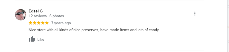 Google Review of canned goods at Amish Country Store
