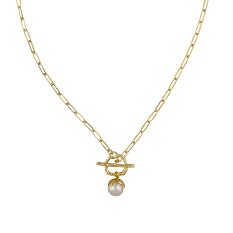 Australian Gold and Pearl Necklace with textured gold chain and pearl and fob pendant/ center